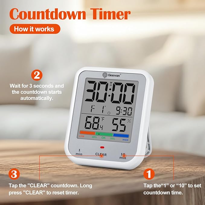 Geevon Digital Bathroom Clock, Waterproof Shower Timer with Large Touch Screen, Battery Operated Bathroom Wall Clock with Temperature & Humidity Display - Suction Cup/Hanging Hole/Stand (Silver)