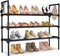 3 Tier Shoe Rack for Closet, Shoe Organizer with 5 Hooks, Long Shoe Shelf Storage for Sneaker and Boot Stackable Free Standing Shoe Rack for Entryway, Garage, Small Spaces, Dorm