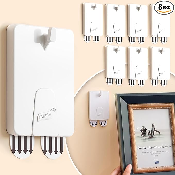 TAILI Picture Hangers 8 Pcs, Damage Free Picture Hangers for Walls，Adhesive Picture Hanging Hooks Without Nails，Art Hanger for Bathroom Kitchen Home Door Closet, Inclue 2 Extra Strips