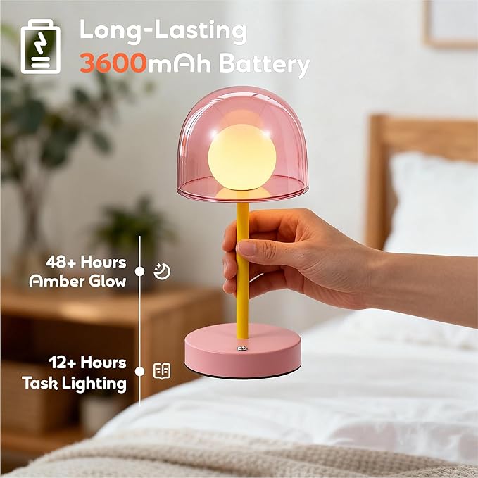 Rechargeable Bedside Lamp with 3CCT & Stepless Dimming, LED Artistic Table Lamp, Battery Powered Mushroom Light for Kids Room Playroom Desk Nightstand (Pink)