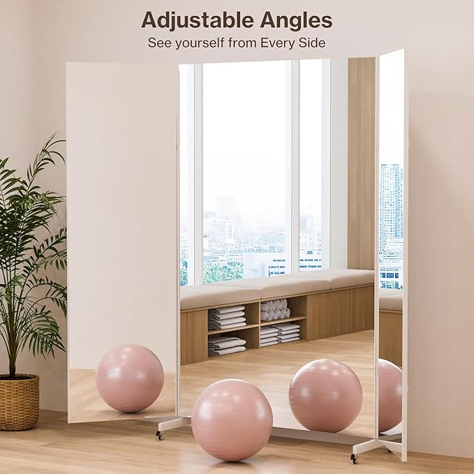 Full Length Stand Up Mirror on Wheels,79''×67'',Large Tri-Fold Floor Mirror with Stand,Movable 3-Way Full Length Standing Mirror for Gym, Dance Studio, Fitness Room, and Home (Silver)