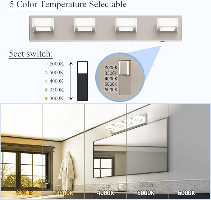 Ralbay 5 Color Temperature Brushed Nickel Vanity Lights for Bathroom 4 Lights Dimmable Acrylic Modern LED Brushed Nickel Bathroom Lighting Fixtures