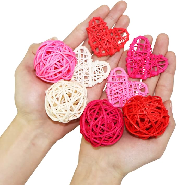 STMK 32 Pcs 2 Inch Valentine’s Day Heart Shaped & Round Rattan Balls Decorative, Wedding Wicker Balls Decorations for Valentine’s Day Decor DIY Vase Bowl Filler Wedding Decoration