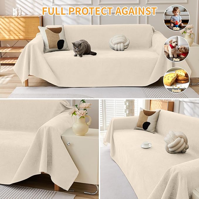 Deep Dream Cat-Scratch Resistant Couch Cover, Waterproof Sofa Cover for 3 Cushion Couch Washable, Pet Friendly Couch Protectors Anti Slip Thickened Sofa Slipcovers for Dogs Pets, 71" x 150", Beige