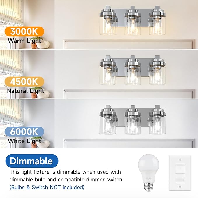 Bathroom Vanity Light, 3 Light Bathroom Light Fixtures with Clear Glass Shade, Polished Chrome Vanity Light Fixtures Over Mirror for Bedroom Living Room,E26