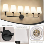 Kvhilw Bathroom Vanity Light, Matte Black Bathroom Light Fixtures, 6-Light Lighting Fixtures Over Miror, Modern Wall Sconce with Flared White Fabric Shade, E26 Socket(ETL Listed)