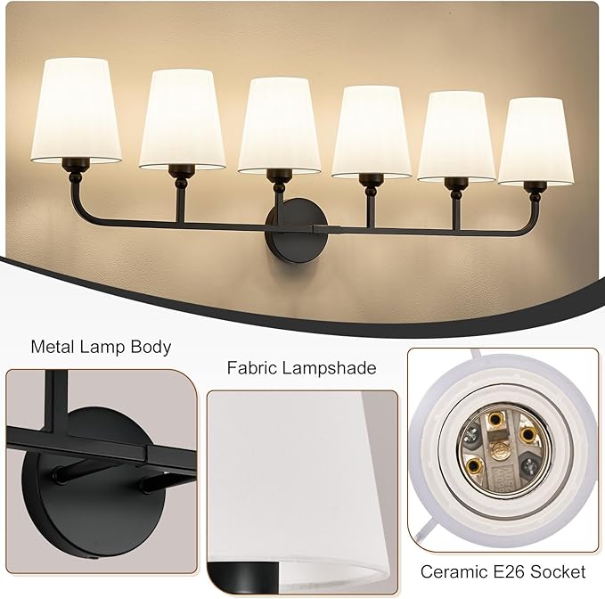 Kvhilw Bathroom Vanity Light, Matte Black Bathroom Light Fixtures, 6-Light Lighting Fixtures Over Miror, Modern Wall Sconce with Flared White Fabric Shade, E26 Socket(ETL Listed)
