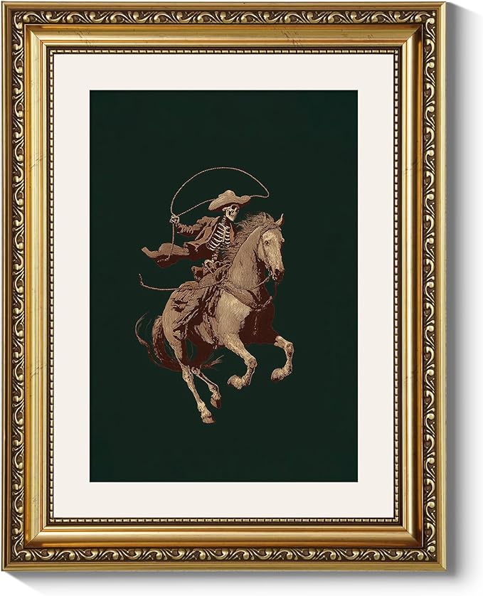 ARPEOTCY Gold Framed Canvas Wall Art, 11x14 Inch Vintage Skeleton Cowboy on Horseback, Rustic Western Cowboy Illustration, Gothic Western Decor for Living Room, Bedroom, or Office
