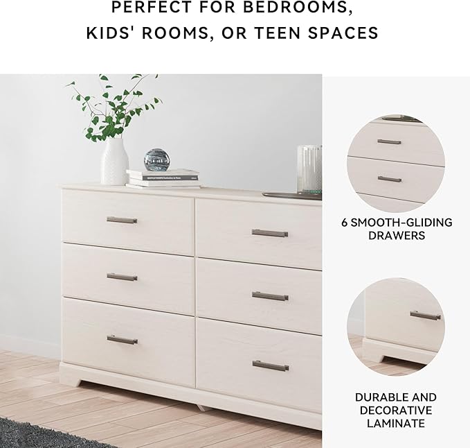 Signature Design by Ashley Stelsie Modern Scandinavian 6 Drawer Dresser, Whitewash