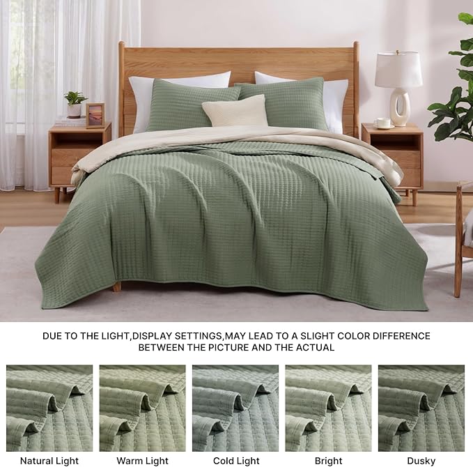 WRENSONGE Twin Size Quilt-3 Pieces Lightweight Bedspreads Sage Green Twin Quilt Bedding Set for All Seasons, Soft Summer Coverlet with 1 Pillow Shams Suitable for Bed, Couch, Quilt Blanket