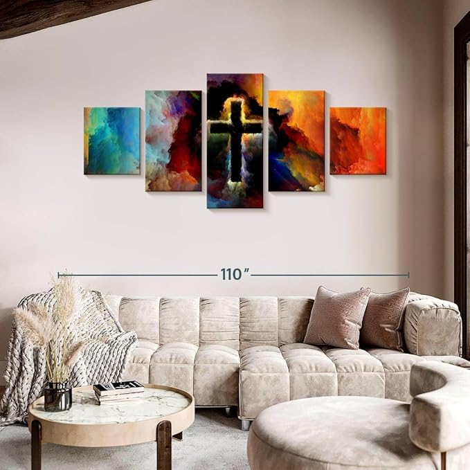 Elephant Stock Colorful Cross Wall Art Multi Piece Canvas - 5 Panel Christian Pictures Decor - Digital Design Canvas Print - Christian Wall Decor - 92" X 42"