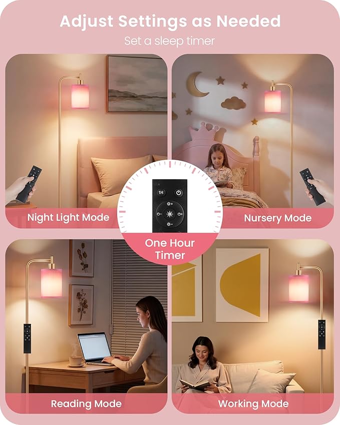 Dimmable Floor Lamp for Living Room with Remote and Foot Switch, Modern Standing, Corner Lamp,10W Bulb 3 Color Temperatures, for Bedroom, Office, Corner, ETL Listed, Gold and Pink DP19LD05