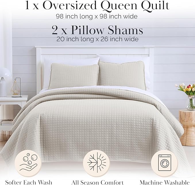 Southshore Fine Living, Inc. Full/Queen Quilt Bedding Set, Microfiber Quilts Queen Size, Coverlet, Stain & Pet Hair Resistant Bedding, Full Size Bedspread with 2 Pillow Shams, Natural Beige