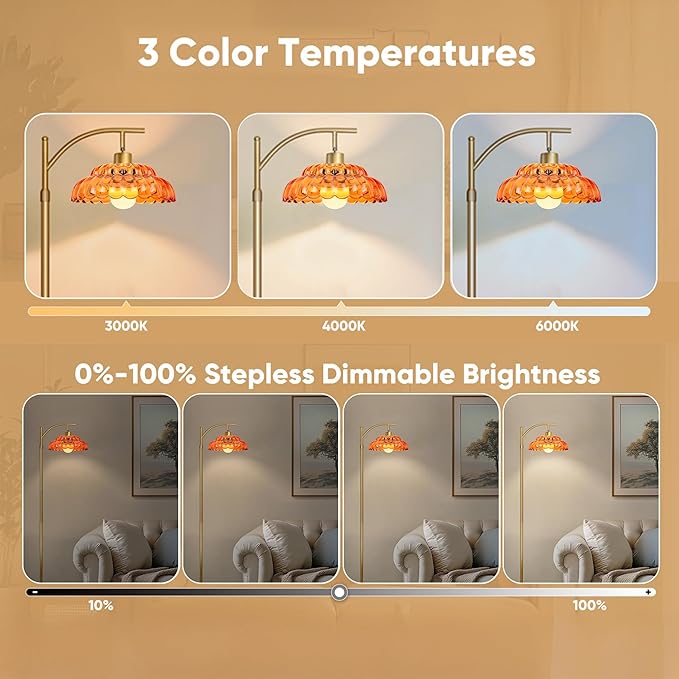 Glass Floor Lamp for Living Room, Standing Lamp with Remote, Dimmable Tall Lamps with Orange Glass Shade, Mid Century Modern Floor Lamps for Bedroom, 12W LED Bulb Included