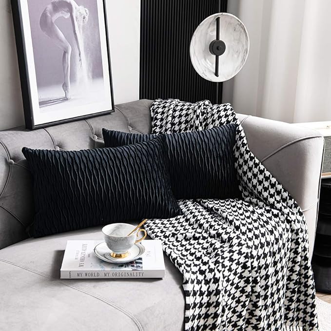 Black Striped Decorative Pillow Covers: 2 Pack 12x20 Inch Original Velvet Rectangular Throw Pillow Cases for Farmhouse Couch