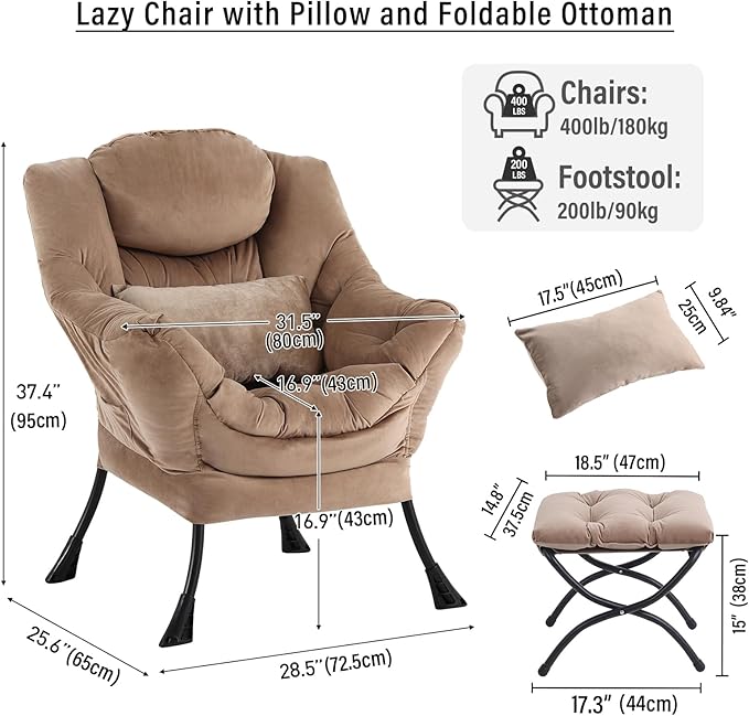Lazy Chair with Ottoman, Modern Accent Chair with Lumbar Pillow, Velvet Khaki Sofa, Lounge Chairs with Folding Footrest, Oversized Supportive Chairs for Bedroom, Reading