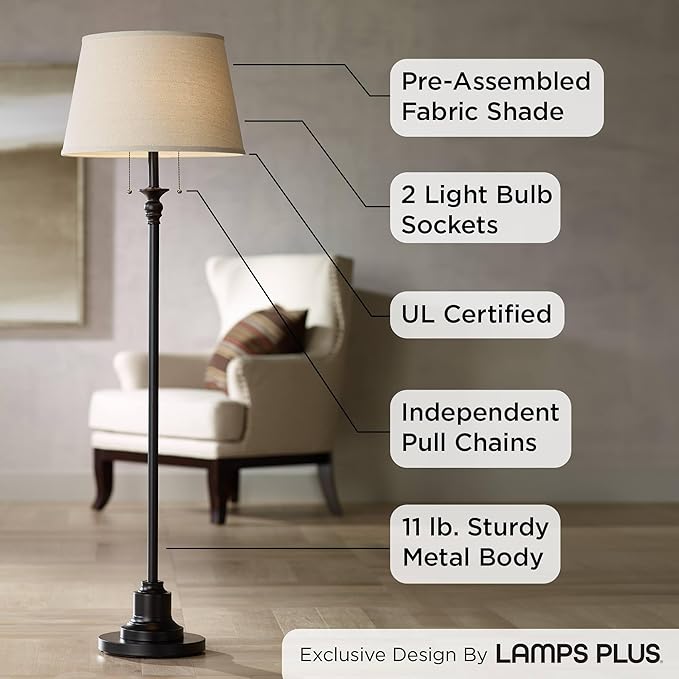 360 Lighting Spenser Traditional Floor Lamp Standing Exquisite 58" Tall Oiled Bronze Brown Metal Thin Column Off-White Linen Fabric Empire Shade for Living Room Reading House Bedroom Home