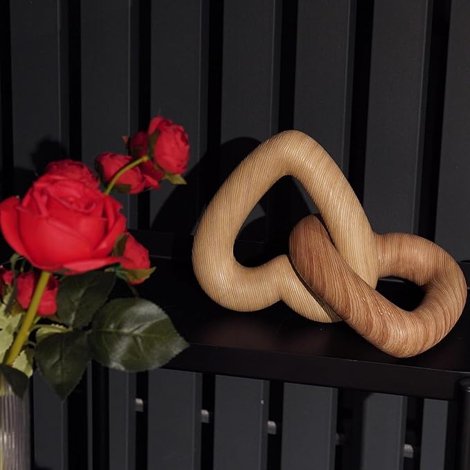 Guichifun Couple Gifts Modern Farmhouse Decor - Resin Heart Sculpture Valentines Day Decor Home Wood Finish Chain Link Décor Love Statues Anniversary Wedding Gifts 8 x 7 x 5.5 Inch