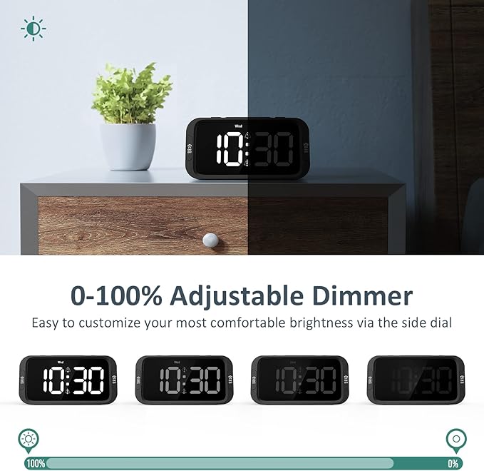 Digital Dual Alarm Clock for Bedroom, Easy to Set, 0-100% Dimmer, USB Charger, 5 Sounds Adjustable Volume, Weekday/Weekend Mode, Snooze, 12/24Hr, Battery Backup, Compact Clock for Bedside