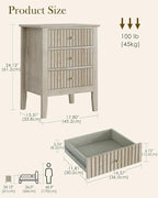 Night Stand, Fluted Nightstand Bedside Tall Farmhouse Nightstand with 3 Drawers, Mid Century Modern Side Accent Table,Bedside End Table for Bedroom, Living Room, Beige