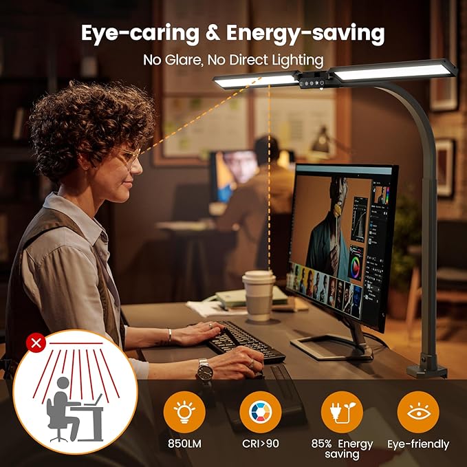 LED Desk Lamp for Home Office - Remote Control Desk Light Computer Lamp with clamp, 22W, Dimmable, Color Changing, Touch Control, Height Adjustable, Black Table Task Light Bar for Work