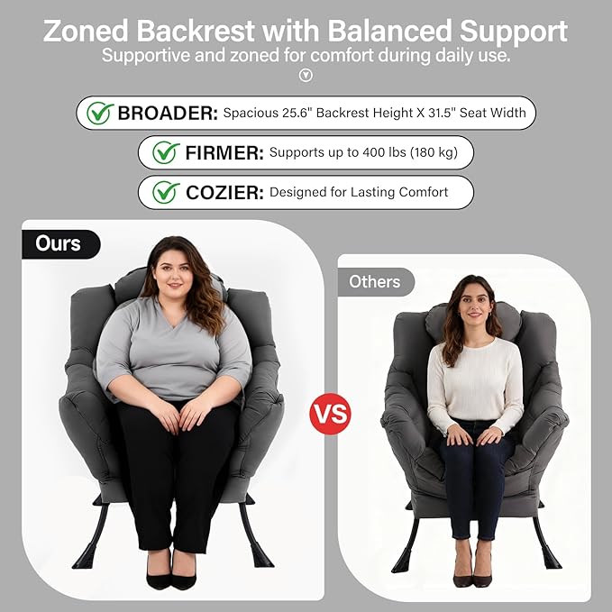 Lazy Chair with Ottoman, Modern Accent Chair with Lumbar Pillow, Dark Grey Sofa, Lounge Chairs with Folding Footrest, Oversized Supportive Chairs for Bedroom, Reading