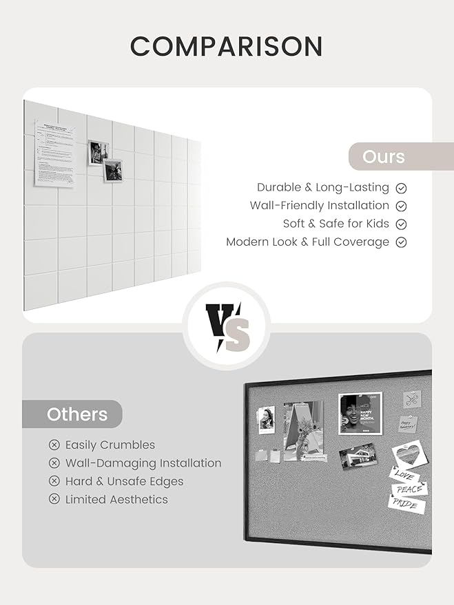 Bumusty Large Felt Bulletin Board, 48" x 36" Cork Board Alternative, 12-Pack Wall Tiles with 4-Compartment Design, 30 Push Pins, 70 Adhesive Tabs, Ideal for Office & Home Decor, Milky White