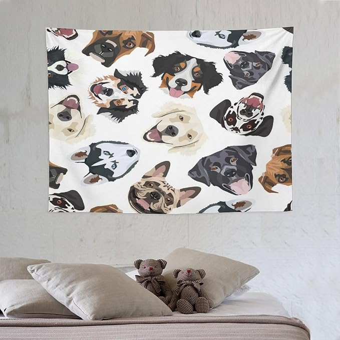 VUMIVI Dog-Head Tapestry Cartoon Pet Illustrations Cute Funny Animals Colorful Graffiti Tapestry Wall Hanging for Living Room Bedroom Dorm Classroom Aesthetic Decor W40xL30in
