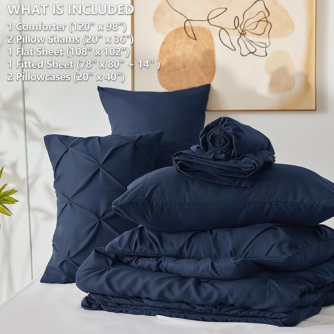 CozyLux Oversized King Comforter Sets Navy Blue, 7 Pieces Oversized King Pintuck Bed in A Bag, Pinch Pleat Bedding Sets with All Season Comforter, Flat Sheet, Fitted Sheet, Pillowcases & Shams