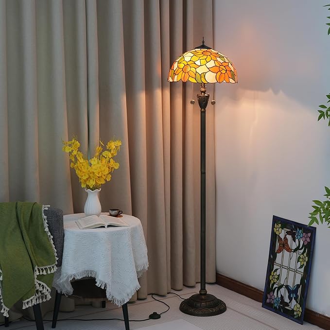 Tiffany Floor Lamp Sunflower Yellow Stained Glass Floor Light Bright Lighting Rustic Standing Lamp Vintage Unique Bronze Reading Corner Lamp for Home Decor Living Room Bedroom 16X16X64 Inches