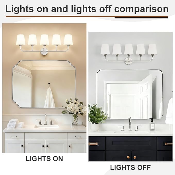 Kvhilw Bathroom Vanity Light, Brushed Nickel Bathroom Light Fixtures, 5-Light Lighting Fixtures Over Miror, Modern Wall Sconce with Flared White Fabric Shade, E26 Socket(ETL Listed)