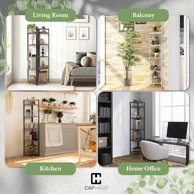 CAPHAUS 5-Tier Corner Shelf, Tall 59.1-Inch White Metal Frame Display Rack, Bookshelf Unit for Bathroom, Living Room, Home, Office