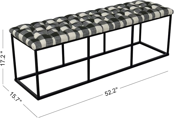 HomePop Upholstered Button Tufted Decorative Bench with Metal Base, Black and White Plaid