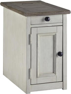 Signature Design by Ashley Bolanburg Farmhouse Chair Side End Table, 2 USB Ports, Pull-out Tray, Wood, 14" W x 24.25" D x 23" H, Antique Cream & Brown