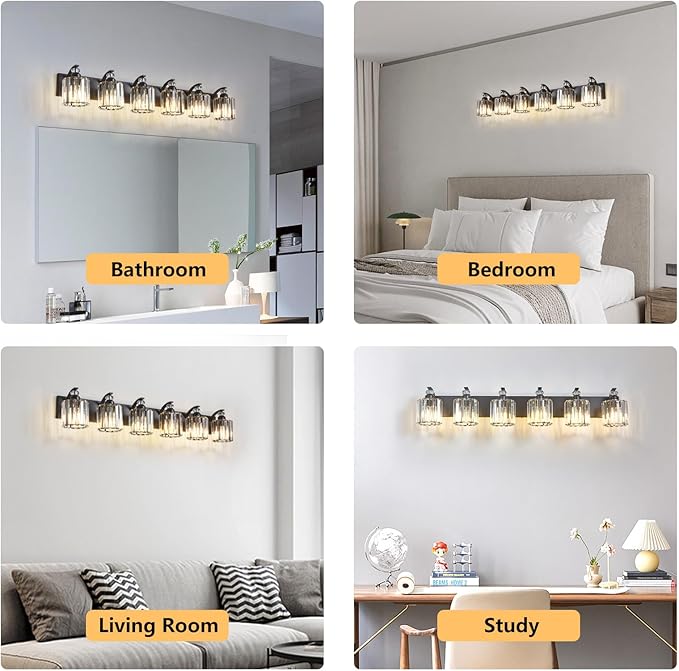 6-Light Black Bathroom Light Fixture Modern Vanity Lights Over Mirror Vintage Wall Sconce Lighting for Bathroom, Bedroom, Living Room, Hallway E26 Base with Crystal Bathroom Vanity Light