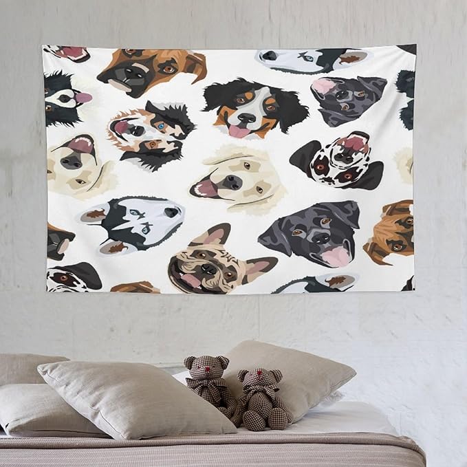 VUMIVI Dog-Head Tapestry Cartoon Pet Illustrations Cute Funny Animals Colorful Graffiti Tapestry Wall Hanging for Living Room Bedroom Dorm Classroom Aesthetic Decor W60xL40in