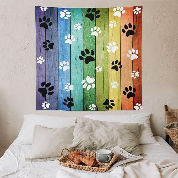 VUMIVI Dog Paw Tapestry Vintage Rustic Colorful Barn Boards Black White Animal Footprints Tapestry Wall Hanging for Living Room Bedroom Dorm Classroom Aesthetic Decor W60xL60in