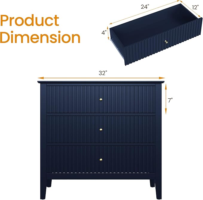 Large Blue 3-Drawer Dresser, 30 Inch Tall Painted Wood Nightstand with Storage, Wide Modern Chest of Drawers with Ball Bearing Slide for Bedroom Hallway Living Room Entryway Office