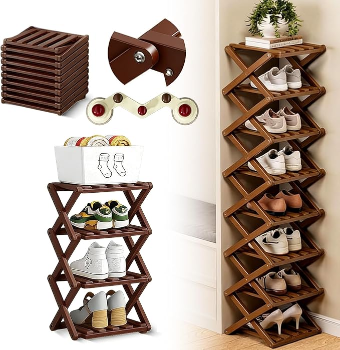 The 9-Tier No-Assembly Bamboo Rack, 2026 Upgraded Foldable 9 Tier Bamboo Corner Shoe Rack, Space-Saving Organizer for Shoes, No Assembly Narrow Shoe Shelf for Entryway Closet Dorm (Brown, 4 Layers)