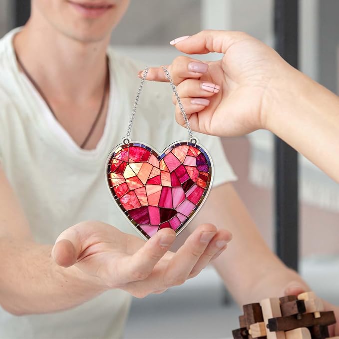 Acrylic Heart Gifts for Women Lovers Pink Valentine's Day Stained Glass Design Hanging Ornaments, Ornaments for Home Window & Car Decor, Sun Catcher for Home Decor