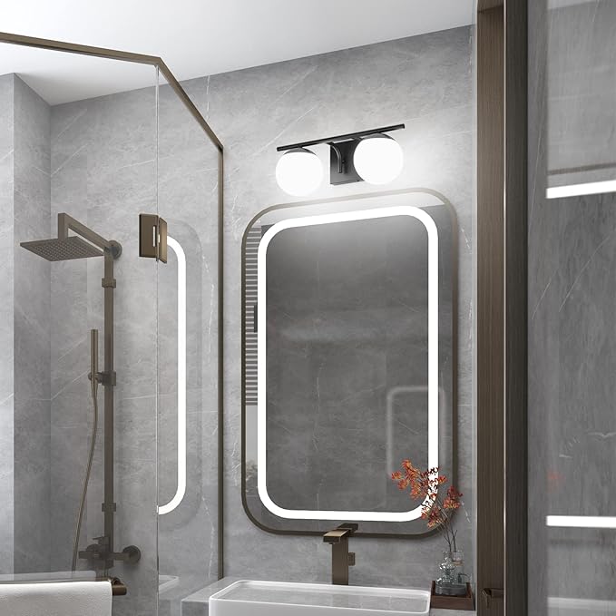 Ralbay Black Mid Century Modern 2-Light Bathroom Vanity Light Fixtures with Matte Black Milky Glass Globe