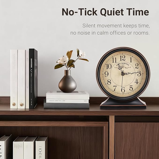 7-Inch Retro Mantel Desk Clocks，Silent Vintage Table Clock with All Metal Frame，Easy to Read Larege Retro Mantel Clocks for Living Room，Fireplace and Shelf Decoration.