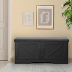 2-Tier Storage Bench, 39.4" Wide Shoe Bench with Padded Seat Cushion, Entryway Bench with 2 Barn Doors and Adjustable Shelf, Black
