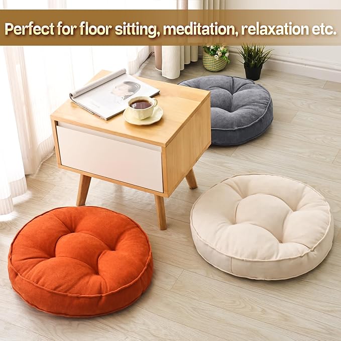 Floor Pillow Set of 2, Memory Foam Floor Cushions for Adults, Large Meditation Pillow for Sitting, 22 x 22 Inches (Round | Orange)