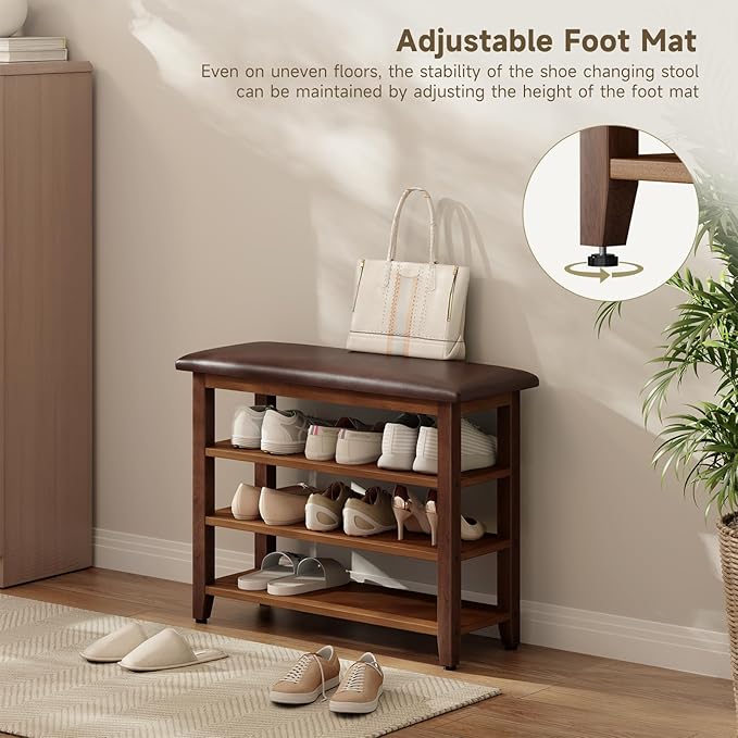 Shoe Bench with Leather Cushion,Wood Bench with Shoe Rack,3-Tier Shoe Storage Organizer for Entryway,Hallway,Living Room (Brown, 3-Tier-31.5")