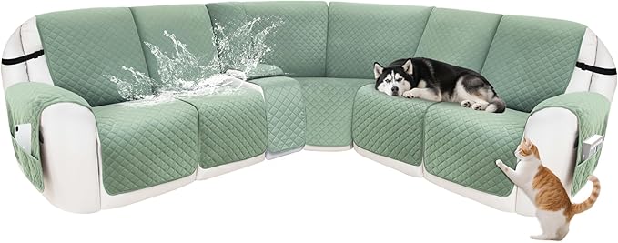 Reclining Sectional Couch Covers 100% Waterproof Velvet L Shape Recliner Couch Covers for Sofa Pets Washable Anti Slip Recliner Slipcovers with Pockets (5 Seat Sofa with 1 Console, Sage Green)