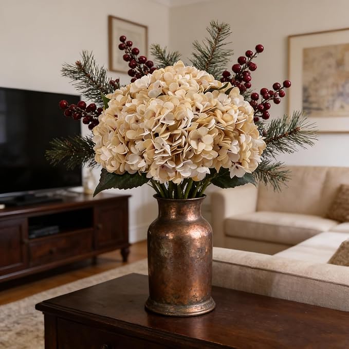 Kimura's Cabin 6pcs Cream Fake Hydrangea Flowers Artificiales Bouquets Faux Silk Hydrangea with Stems for Home Wedding Party Table Core Decoration (Beige)