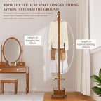 Solid Wood Coat Rack Freestanding Clothing Rack with Wheels & 2 Shelves Storage & 5 Hooks Heavy Duty Clothes Rack Wood Coat Tree Stand Hat Hanger Rack for Corner Bedroom Entryway Living Room Hotel