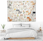VUMIVI Cute Cat Tapestry Cartoon Pets Flowers Mushrooms Butterflies Watercolor Illustrations Tapestry Wall Hanging for Living Room Bedroom Dorm Classroom Aesthetic Decor W80xL60in