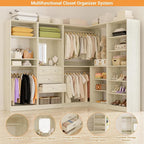 Unikito 110” Closet System with Drawers, 9.3FT Corner Closet Organizer with 4 Hanging Rod, Reversible Large Wood L Shaped Walk in Closets Wardrobe with Shoe Shelves, Set of 4, White Oak